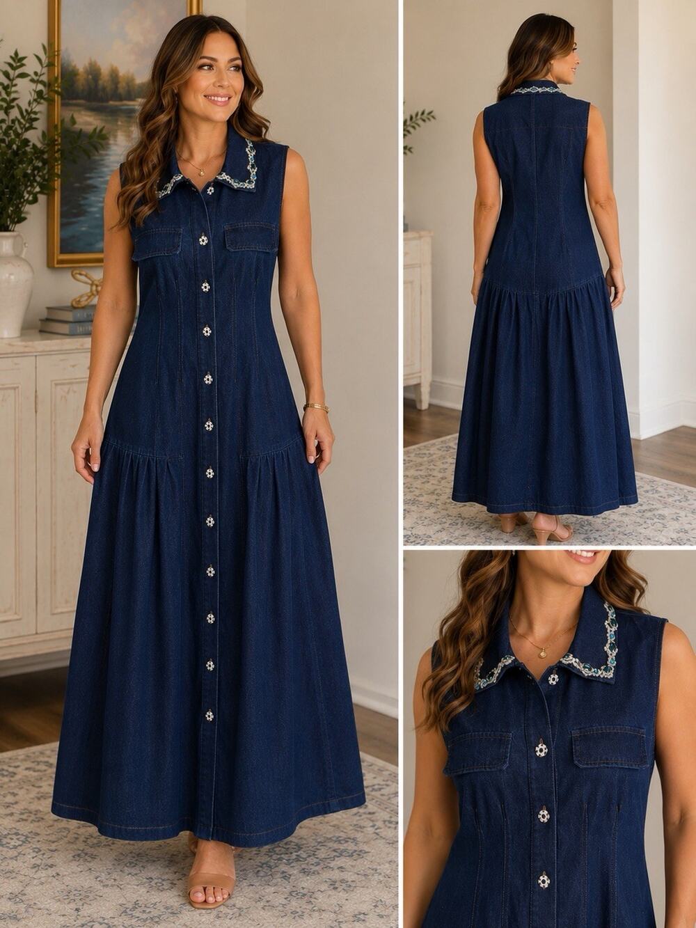 Dalia MacPhee Rhinestone Embellished Tiered 57" Long Jean Denim Shirt Dress New